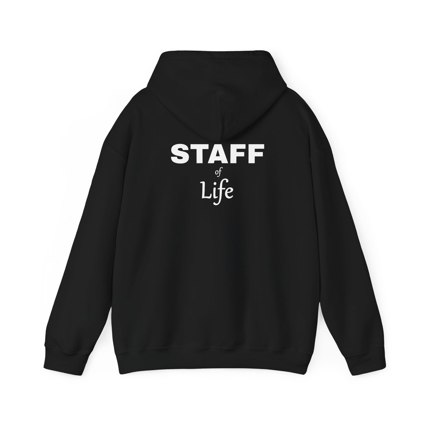 Back: Staff (of Life) Hood[ie] with the [Tau] front.